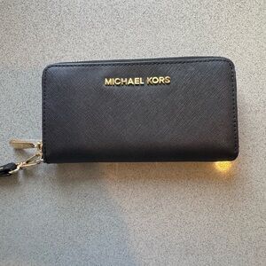 Michael Kors Black Zip Wallet with Gold Accents